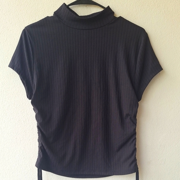 Rue 21 Black Ruched Side Tide Short Sleeve Mock Neck Women's T-shirt Size XL - Picture 1 of 5